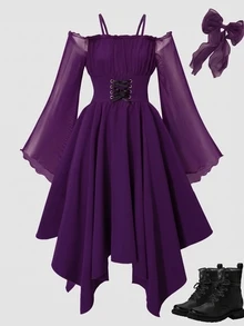 SHEIN Tween Girl Long Sleeve Solid Color Black Dress Halloween Autumn Fall Style Fall Outfits - Purple - View 1