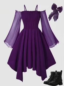 SHEIN Tween Girl Long Sleeve Solid Color Black Dress Halloween Autumn Fall Style Fall Outfits - Purple - View 2