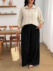 Enliva Plus Size Women's Cream Shirt And Black Trousers Two Pieces SetApple,Rounded Body Fall Piece Set Woman Winter Fall Office Brunch 1920 Vintage Casual - Multicolor - View 3