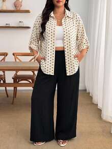 Enliva Plus Size Women's Cream Shirt And Black Trousers Two Pieces SetApple,Rounded Body Fall Piece Set Woman Winter Fall Office Brunch 1920 Vintage Casual - Multicolor - View 4