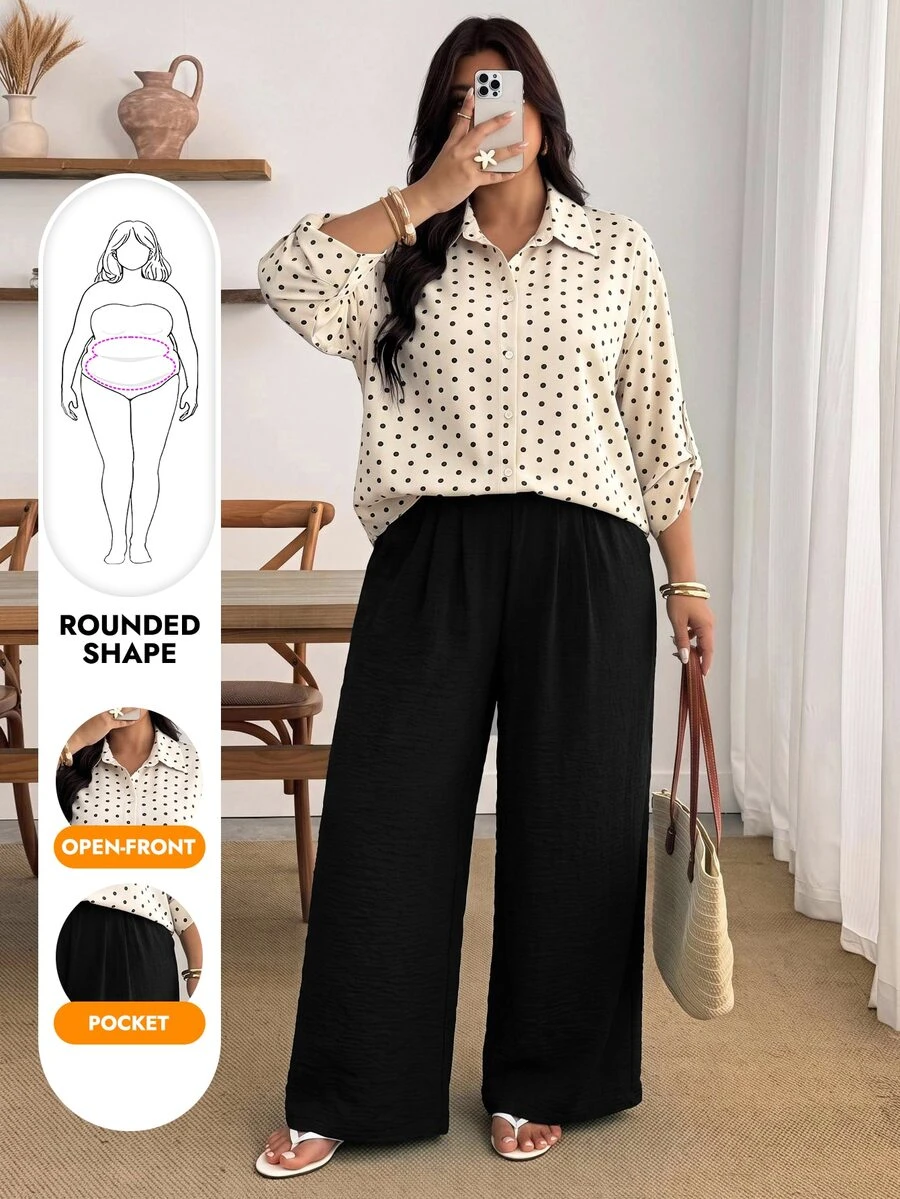 Enliva Plus Size Women's Cream Shirt And Black Trousers Two Pieces SetApple,Rounded Body Fall Piece Set Woman Winter Fall Office Brunch 1920 Vintage Casual - Multicolor - View 1