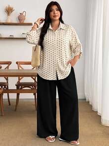 Enliva Plus Size Women's Cream Shirt And Black Trousers Two Pieces SetApple,Rounded Body Fall Piece Set Woman Winter Fall Office Brunch 1920 Vintage Casual - Multicolor - View 7