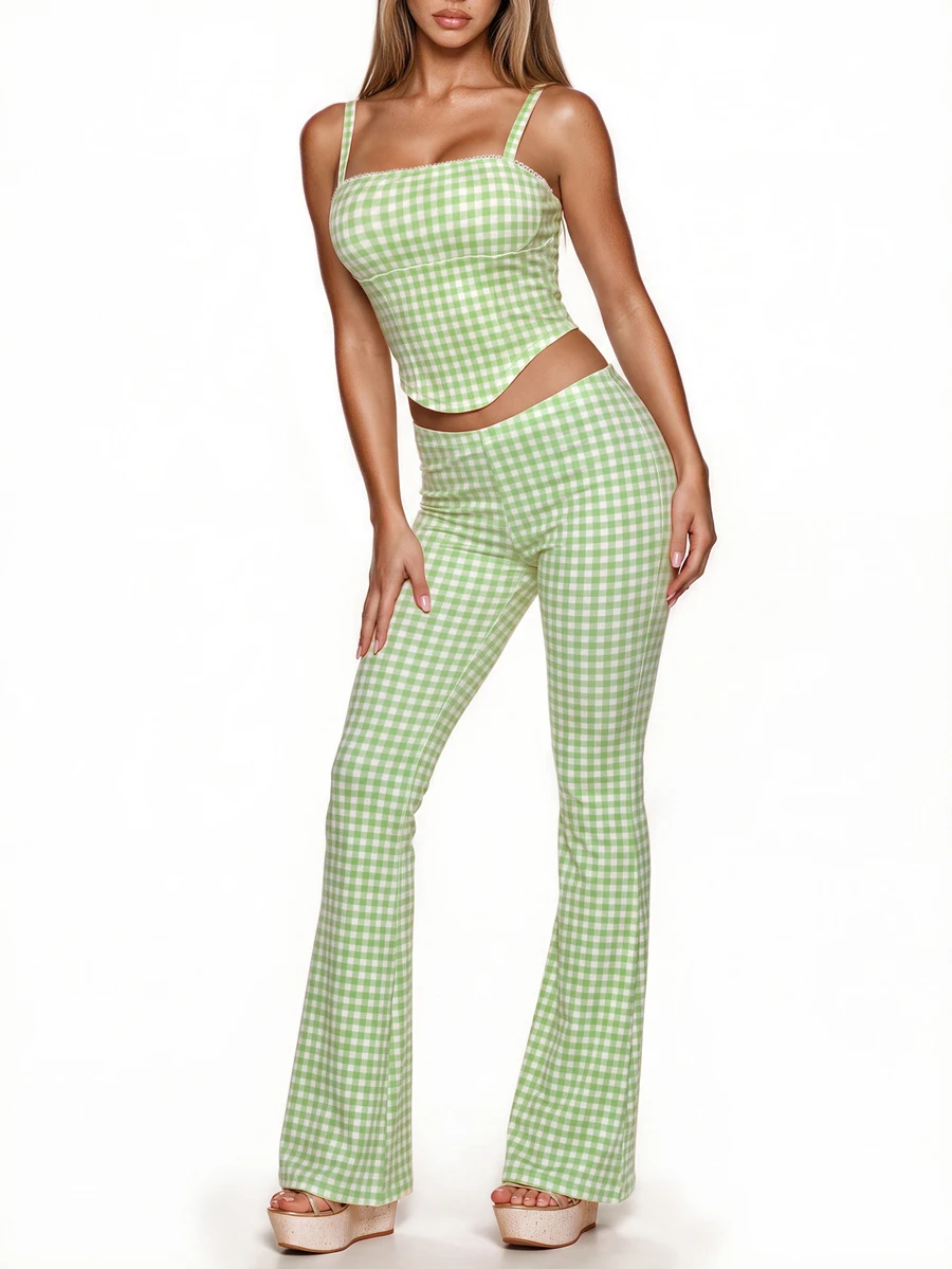 Sweetina 2pcs Going Out Yellow Plaid Print Camisole & Low Waist Pants Suit - Green - View 1