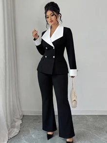 Elenzga Conjunto de dos piezas de traje de punto con pierna acampanada, diseño de botones decorativos, bloque de color, cuello con muesca, para mujeres de talla grande - Blanco y Negro - Ver 5