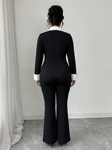 Elenzga Conjunto de dos piezas de traje de punto con pierna acampanada, diseño de botones decorativos, bloque de color, cuello con muesca, para mujeres de talla grande - Blanco y Negro - Ver 2