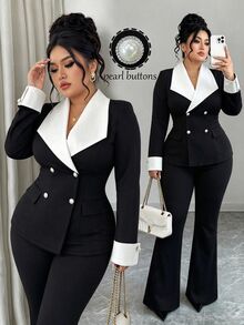 Elenzga Conjunto de dos piezas de traje de punto con pierna acampanada, diseño de botones decorativos, bloque de color, cuello con muesca, para mujeres de talla grande - Blanco y Negro - Ver 1