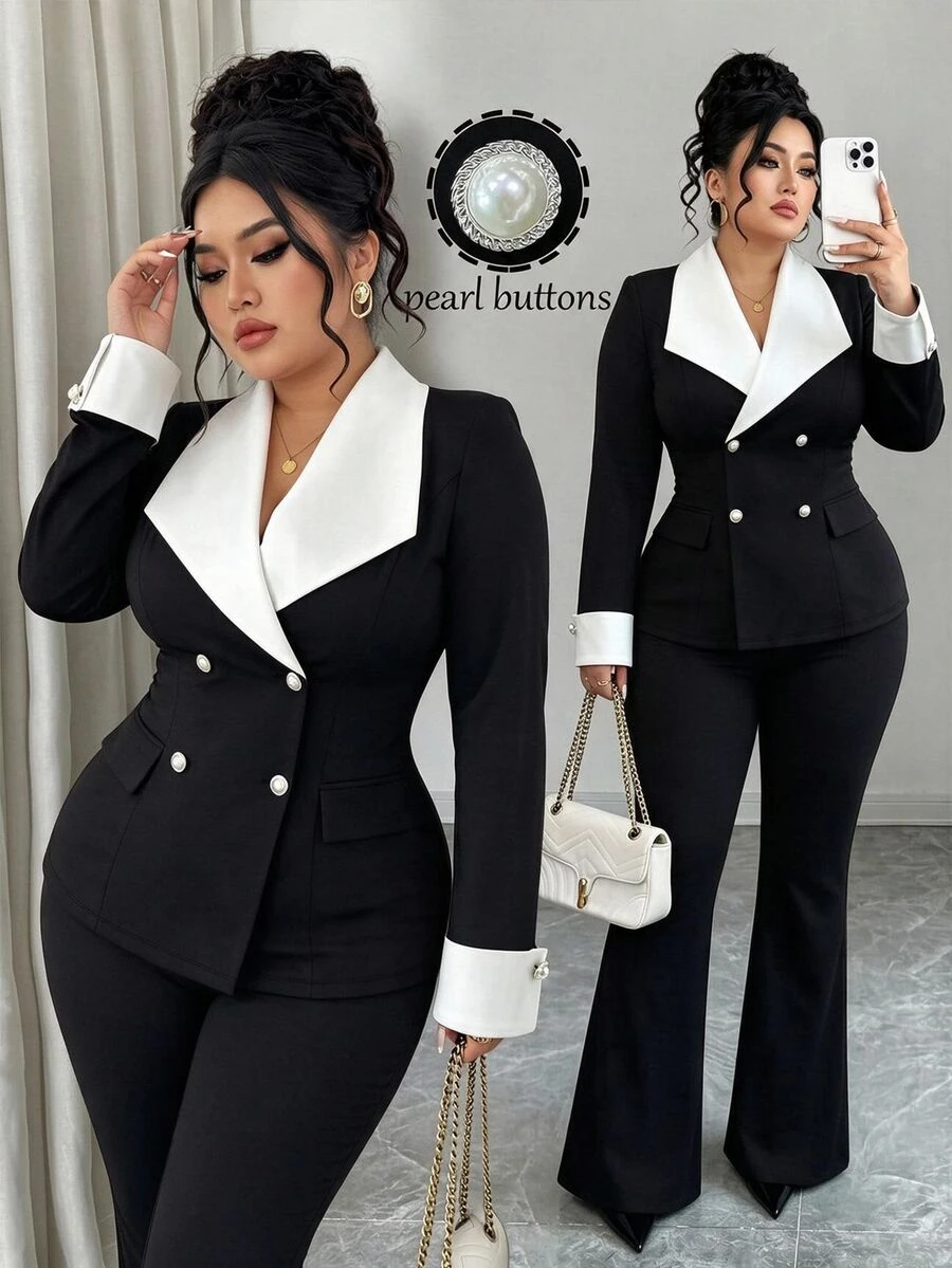 Elenzga Conjunto de dos piezas de traje de punto con pierna acampanada, diseño de botones decorativos, bloque de color, cuello con muesca, para mujeres de talla grande - Blanco y Negro - Ver 1