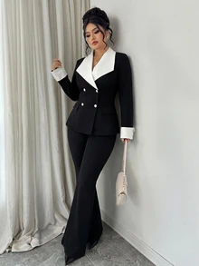 Elenzga Conjunto de dos piezas de traje de punto con pierna acampanada, diseño de botones decorativos, bloque de color, cuello con muesca, para mujeres de talla grande - Blanco y Negro - Ver 3