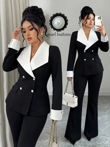 Elenzga Conjunto de dos piezas de traje de punto con pierna acampanada, diseño de botones decorativos, bloque de color, cuello con muesca, para mujeres de talla grande - Blanco y Negro - Ver 7