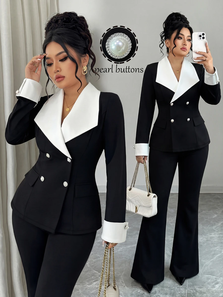 Elenzga Plus Size Women's Fashion Commuter Notched Collar Color Block Decorative Button Design Flare Leg Knit Suit Two Pieces Set Teachers' Day Black Summer - Black and White - View 1