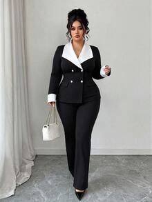 Elenzga Conjunto de dos piezas de traje de punto con pierna acampanada, diseño de botones decorativos, bloque de color, cuello con muesca, para mujeres de talla grande - Blanco y Negro - Ver 6