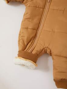 SHEIN Kids Newborn Thermal Lined Quilted Thick Hooded Jacket With 3D Ear Decor, Cute Front Zipper, Suitable For Winter - Khaki - View 5