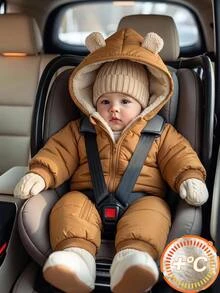 SHEIN Kids Newborn Thermal Lined Quilted Thick Hooded Jacket With 3D Ear Decor, Cute Front Zipper, Suitable For Winter - Khaki - View 1