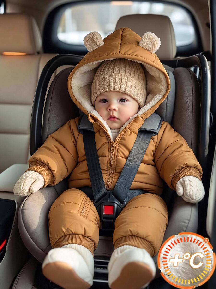 SHEIN Kids Newborn Thermal Lined Quilted Thick Hooded Jacket With 3D Ear Decor, Cute Front Zipper, Suitable For Winter - Khaki - View 1