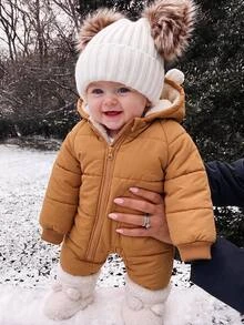 SHEIN Kids Newborn Thermal Lined Quilted Thick Hooded Jacket With 3D Ear Decor, Cute Front Zipper, Suitable For Winter - Khaki - View 7