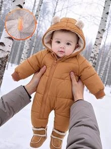 SHEIN Kids Newborn Thermal Lined Quilted Thick Hooded Jacket With 3D Ear Decor, Cute Front Zipper, Suitable For Winter - Khaki - View 8
