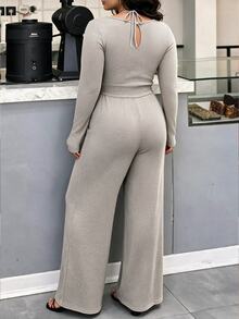 Easura Plus Size Women's Autumn/Winter Square Neck Square Neck Cinched Waist Ribbed Knit Fabric Casual Everyday Jumpsuit - Grey - View 3