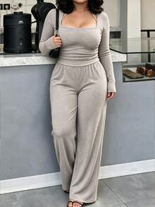 Easura Plus Size Women's Autumn/Winter Square Neck Square Neck Cinched Waist Ribbed Knit Fabric Casual Everyday Jumpsuit - Grey - View 4