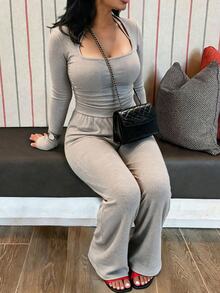 Easura Plus Size Women's Autumn/Winter Square Neck Square Neck Cinched Waist Ribbed Knit Fabric Casual Everyday Jumpsuit - Grey - View 2
