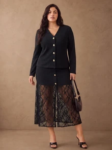 Juhart Plus Size Button Long Sleeve Knit Cardigan And Lace Skirt 2 Pieces Set Fall - Black - View 4