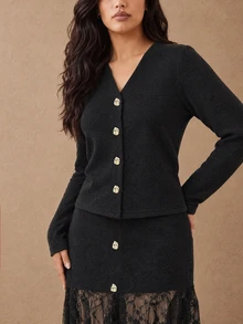 Juhart Plus Size Button Long Sleeve Knit Cardigan And Lace Skirt 2 Pieces Set Fall - Black - View 8