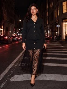 Juhart Plus Size Button Long Sleeve Knit Cardigan And Lace Skirt 2 Pieces Set Fall - Black - View 7