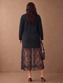 Juhart Plus Size Button Long Sleeve Knit Cardigan And Lace Skirt 2 Pieces Set Fall - Black - View 2