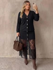 Juhart Plus Size Button Long Sleeve Knit Cardigan And Lace Skirt 2 Pieces Set Fall - Black - View 1