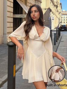 Siren Gaze فستان نسائي جديد للخريف بتصميم دانتيل مرقع وحافة مكشكشة - لون مشمشي - مشاهدة 3