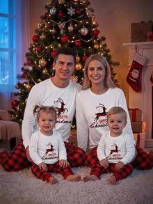 SHEIN Baby Boy Christmas Long Sleeve Top With Reindeer Print And Colorblock Plaid Leggings 2 Pieces Pajama Set - Multicolor - View 4