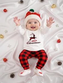 SHEIN Baby Boy Christmas Long Sleeve Top With Reindeer Print And Colorblock Plaid Leggings 2 Pieces Pajama Set - Multicolor - View 1