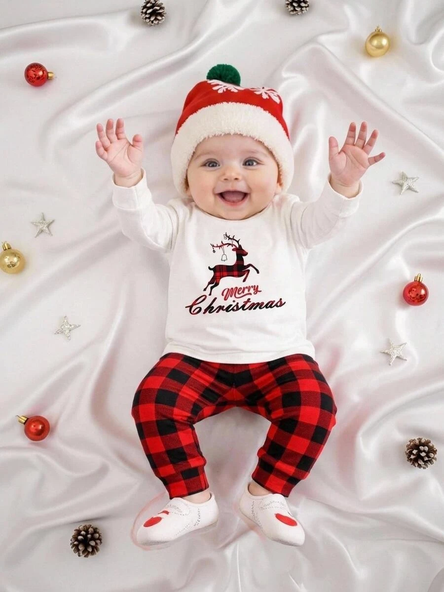 SHEIN Baby Boy Christmas Long Sleeve Top With Reindeer Print And Colorblock Plaid Leggings 2 Pieces Pajama Set - Multicolor - View 1