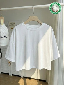 SHEIN CURVE+ Plus Size Women's Solid Color Round Neck Casual Versatile Everyday Outing T-Shirt Holiday White Summer - White - View 7