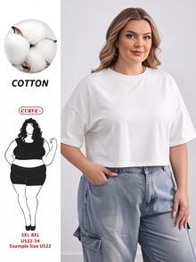 SHEIN CURVE+ Plus Size Women's Solid Color Round Neck Casual Versatile Everyday Outing T-Shirt Holiday White Summer - White - View 1