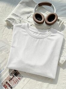 SHEIN CURVE+ Plus Size Women's Solid Color Round Neck Casual Versatile Everyday Outing T-Shirt Holiday White Summer - White - View 4