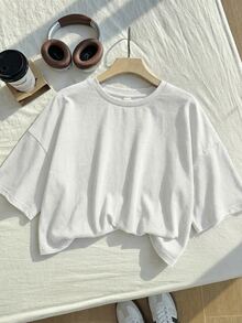 SHEIN CURVE+ Plus Size Women's Solid Color Round Neck Casual Versatile Everyday Outing T-Shirt Holiday White Summer - White - View 5