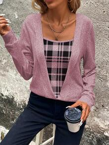 LUMIGAL Women's Plaid Patchwork Casual Daily Wear Sweatshirt - Pink - View 6