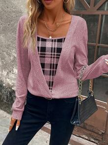 LUMIGAL Women's Plaid Patchwork Casual Daily Wear Sweatshirt - Pink - View 4