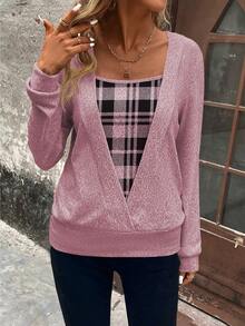 LUMIGAL Women's Plaid Patchwork Casual Daily Wear Sweatshirt - Pink - View 7
