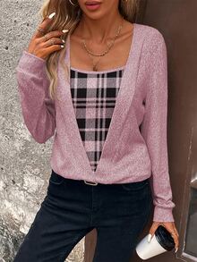 LUMIGAL Women's Plaid Patchwork Casual Daily Wear Sweatshirt - Pink - View 5