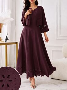 Modelyn 女款復古粉色鏤空重工刺繡長袖開襟外套，搭配收腰顯瘦喇叭袖無袖洋裝，優雅兩件套 - 酒紅色 - 查看 6