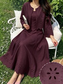 Modelyn 女款復古粉色鏤空重工刺繡長袖開襟外套，搭配收腰顯瘦喇叭袖無袖洋裝，優雅兩件套 - 酒紅色 - 查看 3