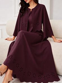 Modelyn 女款復古粉色鏤空重工刺繡長袖開襟外套，搭配收腰顯瘦喇叭袖無袖洋裝，優雅兩件套 - 酒紅色 - 查看 7