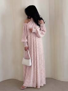 Yasveil 女款淡粉色碎花保守風 Abaya 洋裝，掛脖露肩泡泡長袖飄逸中長洋裝，穆斯林女士秋季休閒派對洋裝 - 粉色 - 查看 5