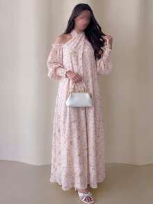 Yasveil 女款淡粉色碎花保守風 Abaya 洋裝，掛脖露肩泡泡長袖飄逸中長洋裝，穆斯林女士秋季休閒派對洋裝 - 粉色 - 查看 4