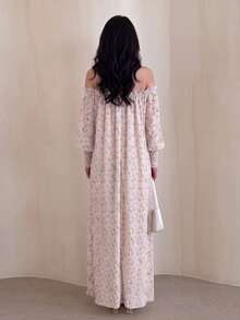 Yasveil 女款淡粉色碎花保守風 Abaya 洋裝，掛脖露肩泡泡長袖飄逸中長洋裝，穆斯林女士秋季休閒派對洋裝 - 粉色 - 查看 2