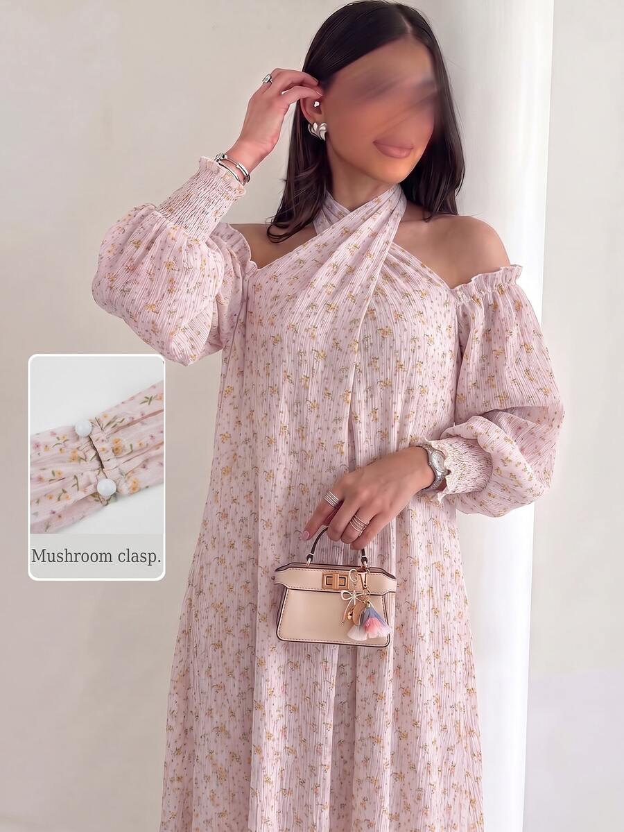 Yasveil 女款淡粉色碎花保守風 Abaya 洋裝,掛脖露肩泡泡長袖飄逸中長洋裝,穆斯林女士秋季休閒派對洋裝 - 粉色 - 查看 1