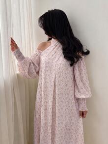 Yasveil 女款淡粉色碎花保守風 Abaya 洋裝，掛脖露肩泡泡長袖飄逸中長洋裝，穆斯林女士秋季休閒派對洋裝 - 粉色 - 查看 3