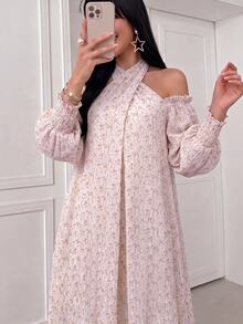 Yasveil 女款淡粉色碎花保守風 Abaya 洋裝，掛脖露肩泡泡長袖飄逸中長洋裝，穆斯林女士秋季休閒派對洋裝 - 粉色 - 查看 7