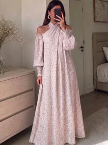 Yasveil 女款淡粉色碎花保守風 Abaya 洋裝，掛脖露肩泡泡長袖飄逸中長洋裝，穆斯林女士秋季休閒派對洋裝 - 粉色 - 查看 8